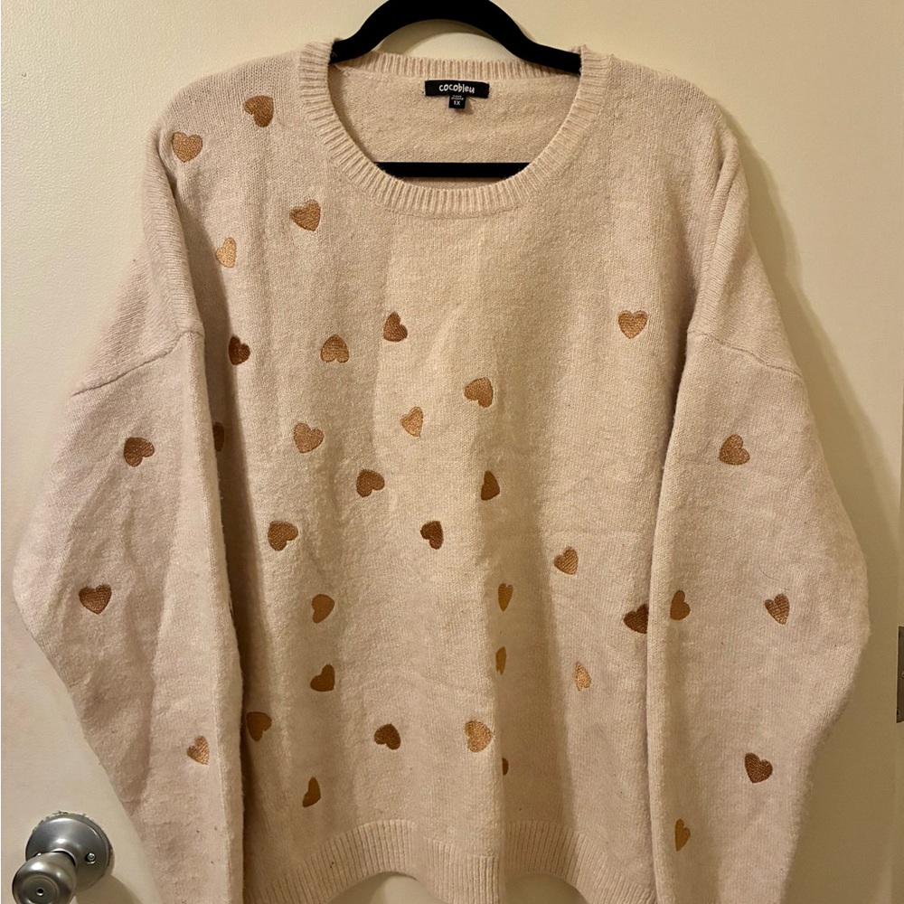Cocobleu Oversized Metallic Gold Cream Crewneck Sweater Hearts Coastal 1X